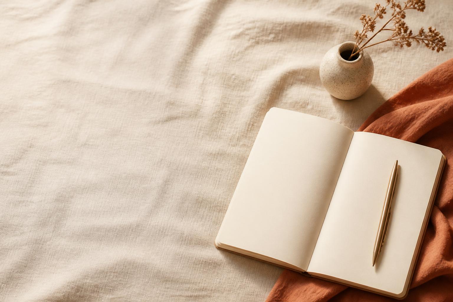 An open blank notebook and pen resting on warm linen
