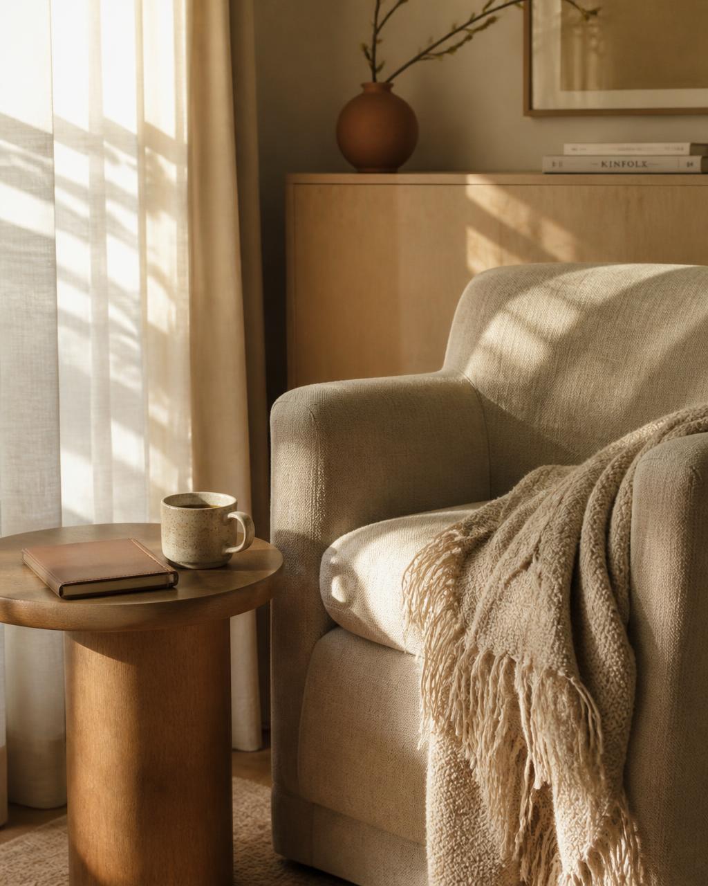 A calm sunlit reading corner with a linen chair and a closed notebook